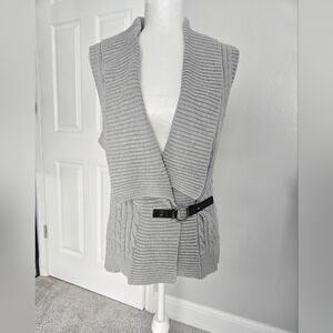 Chaps Grey Cable Knit Sweater Vest Shawl Collar Belted Size M